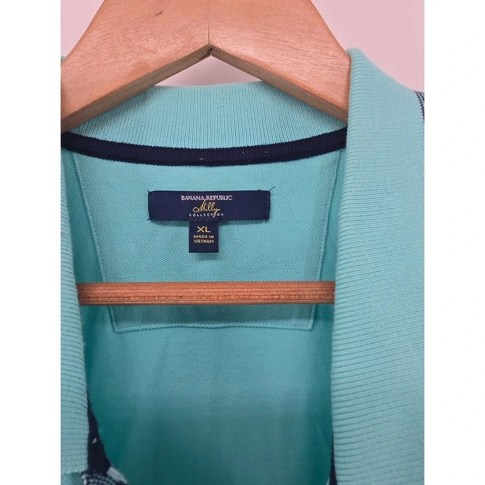 Banana Republic Polo Shirt Mens XL‎ Teal Milly Collection Striped Elephant Logo